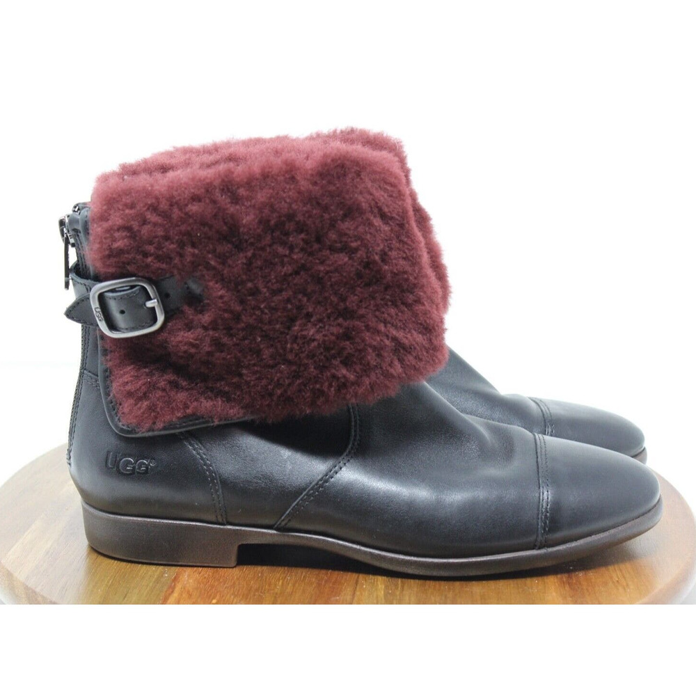 UGG Australia Women's Black Leather Burgundy Sheepskin Foldover Boots Size 7.5